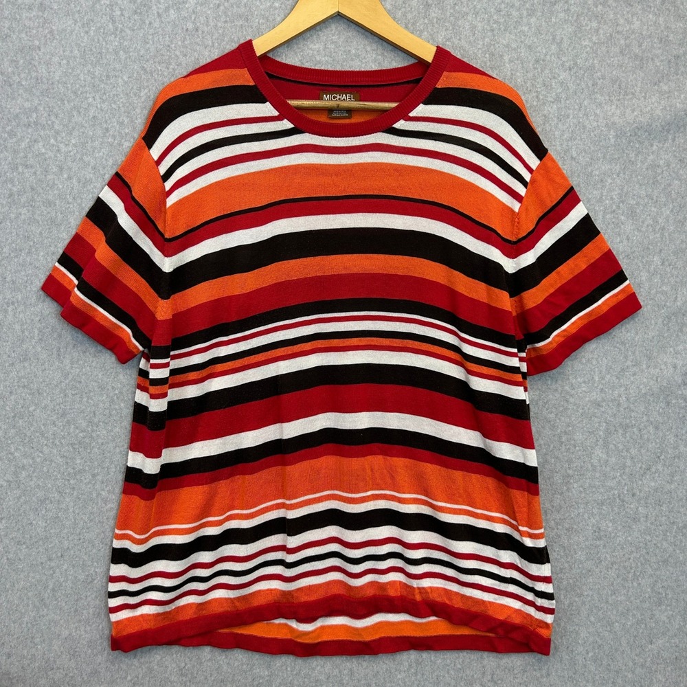 Michael Michael Kors Size XL Sweater Top Red Orange Striped Short Sleeve Autumn